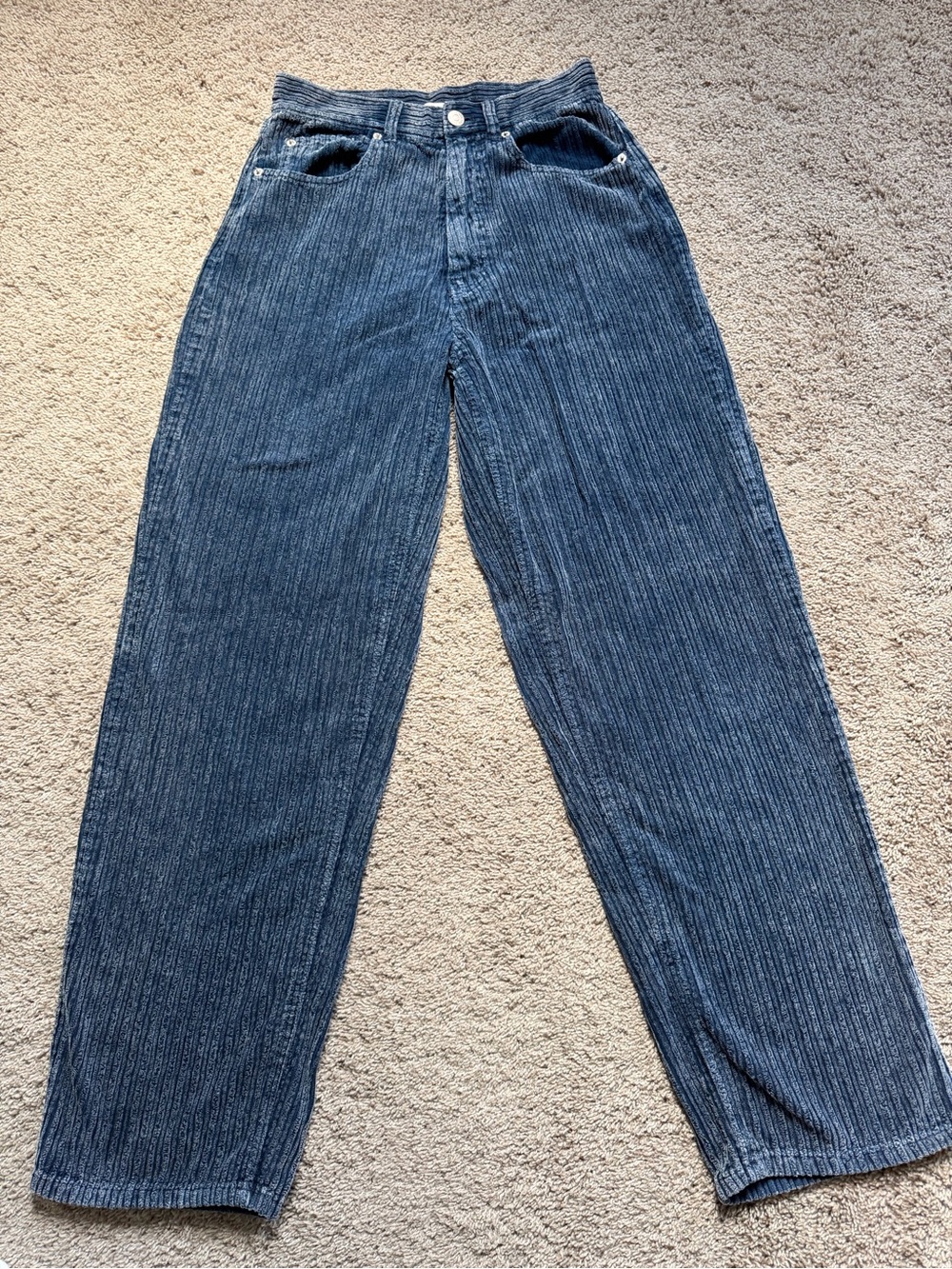 Wide-Leg Ribbed Denim Pants - Blue